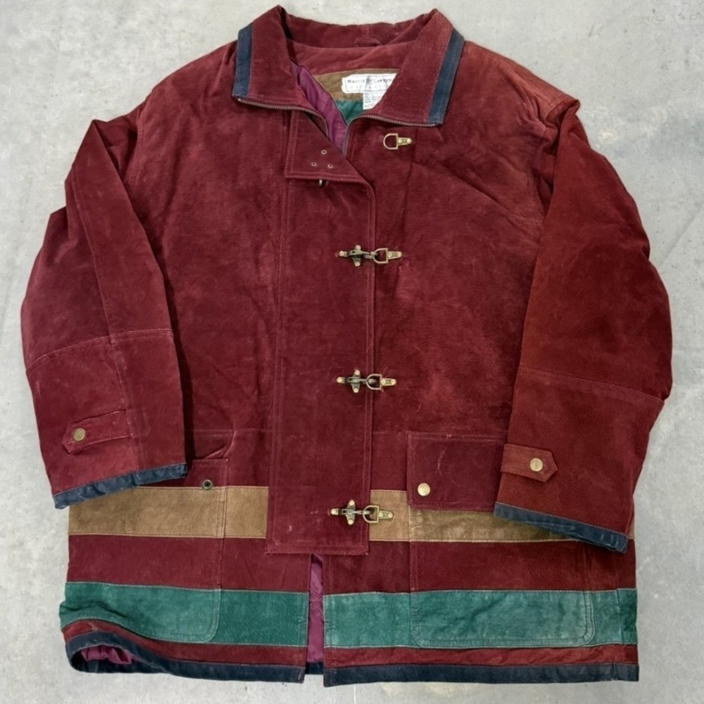 Maggie Lawrence Suede firemens Jacket mens L Burgundy Good Colorblock